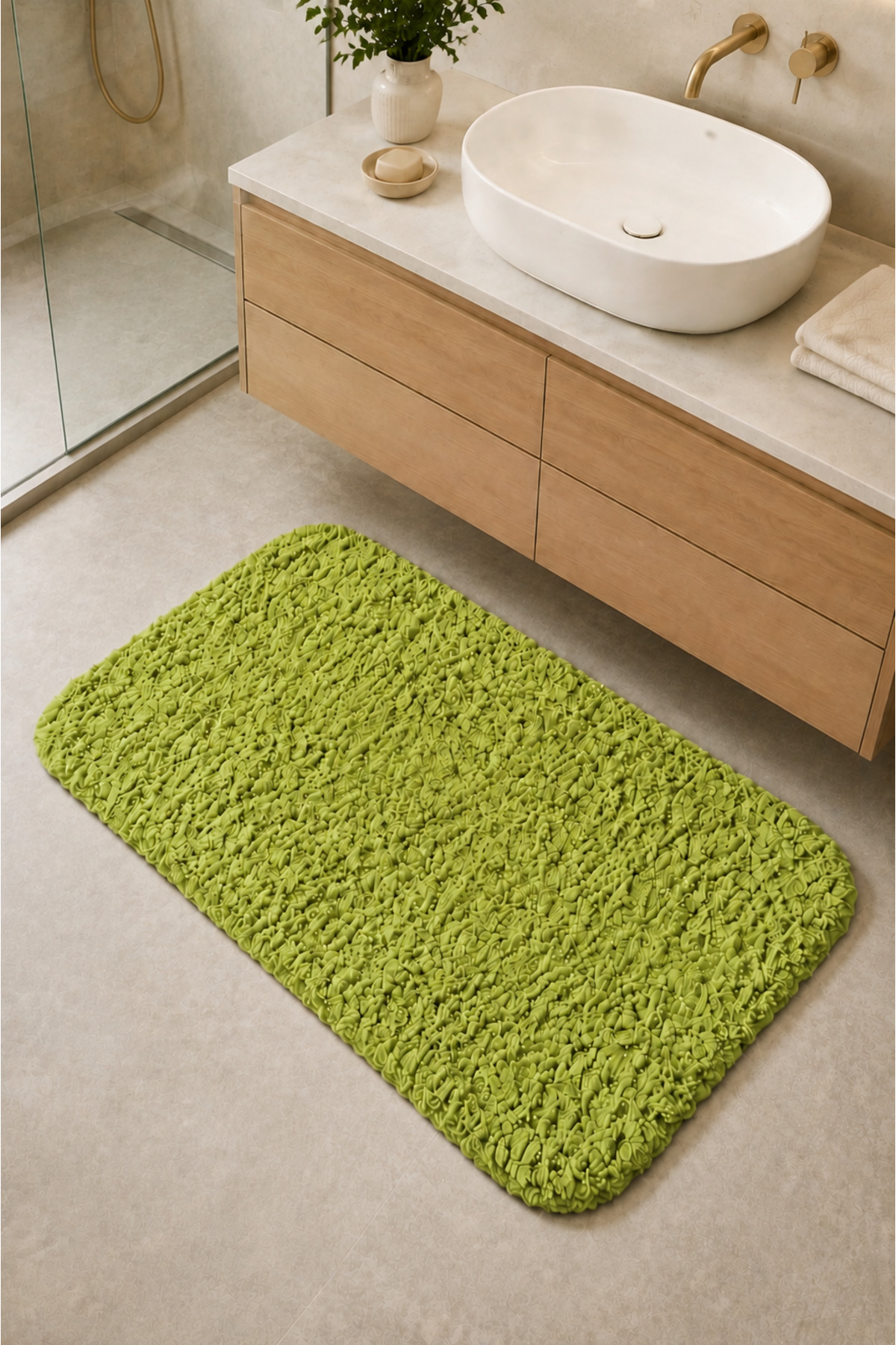 Kaymaz Jel Tabanlı Yıkanabilir Peluş Yumuşak Dokulu Dekoratif Tekli Banyo Paspası 60X100 cm - Yeşil