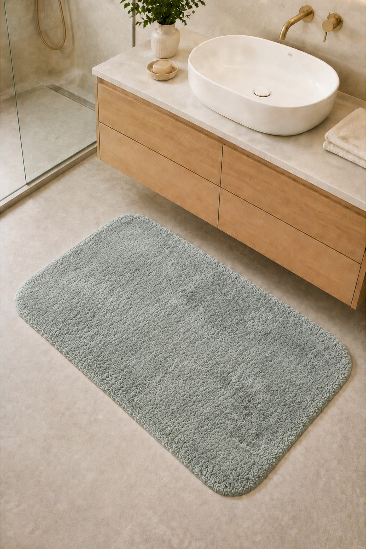 Kaymaz Jel Tabanlı Yıkanabilir Peluş Yumuşak Dokulu Dekoratif Tekli Banyo Paspası 60X100 cm - Adaçayı Yeşil