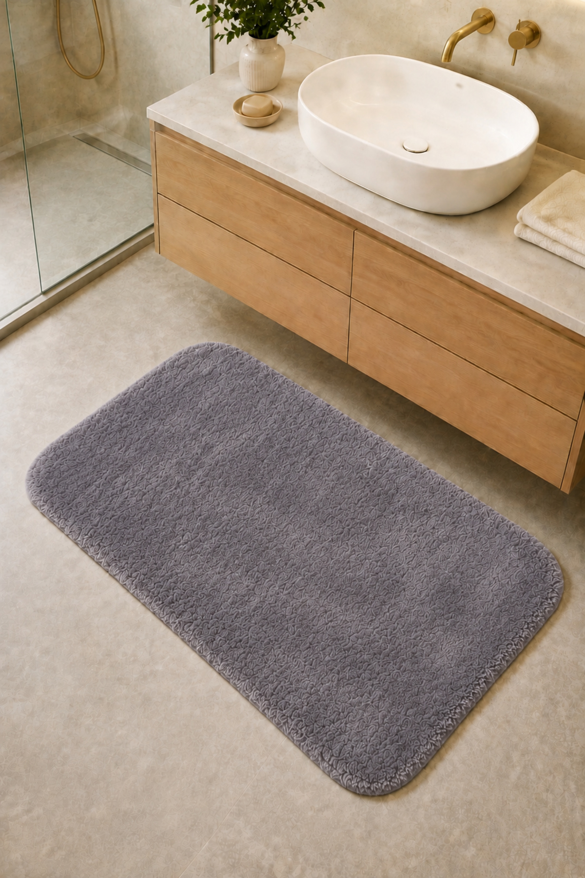 Kaymaz Jel Tabanlı Yıkanabilir Peluş Yumuşak Dokulu Dekoratif Tekli Banyo Paspası 60X100 cm - Koyu Gri
