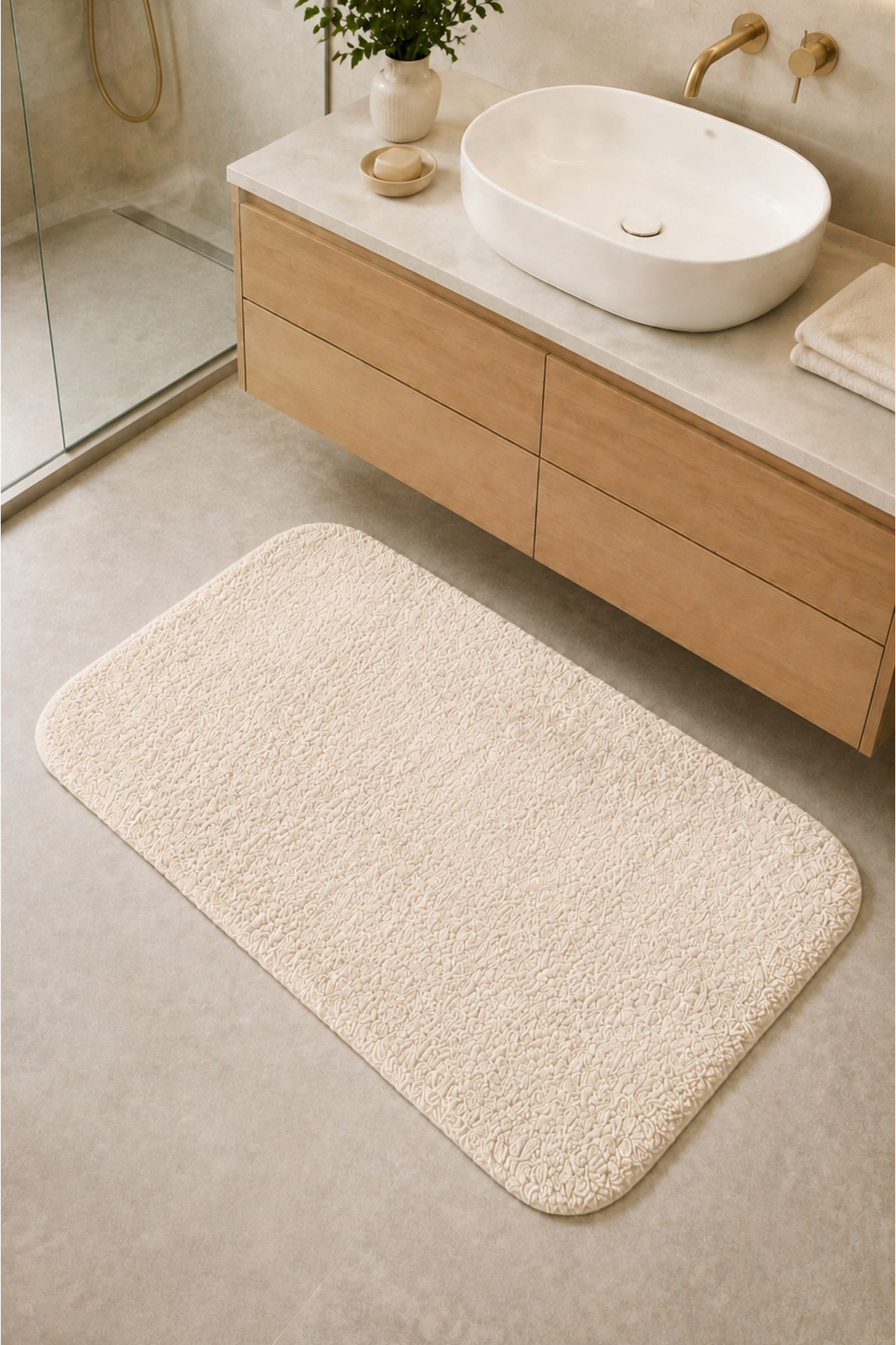 Kaymaz Jel Tabanlı Yıkanabilir Peluş Yumuşak Dokulu Dekoratif Tekli Banyo Paspası 60X100 cm - Krem