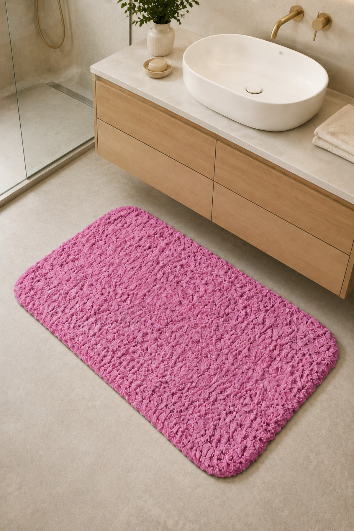 Kaymaz Jel Tabanlı Yıkanabilir Peluş Yumuşak Dokulu Dekoratif Tekli Banyo Paspası 60X100 cm - Pembe