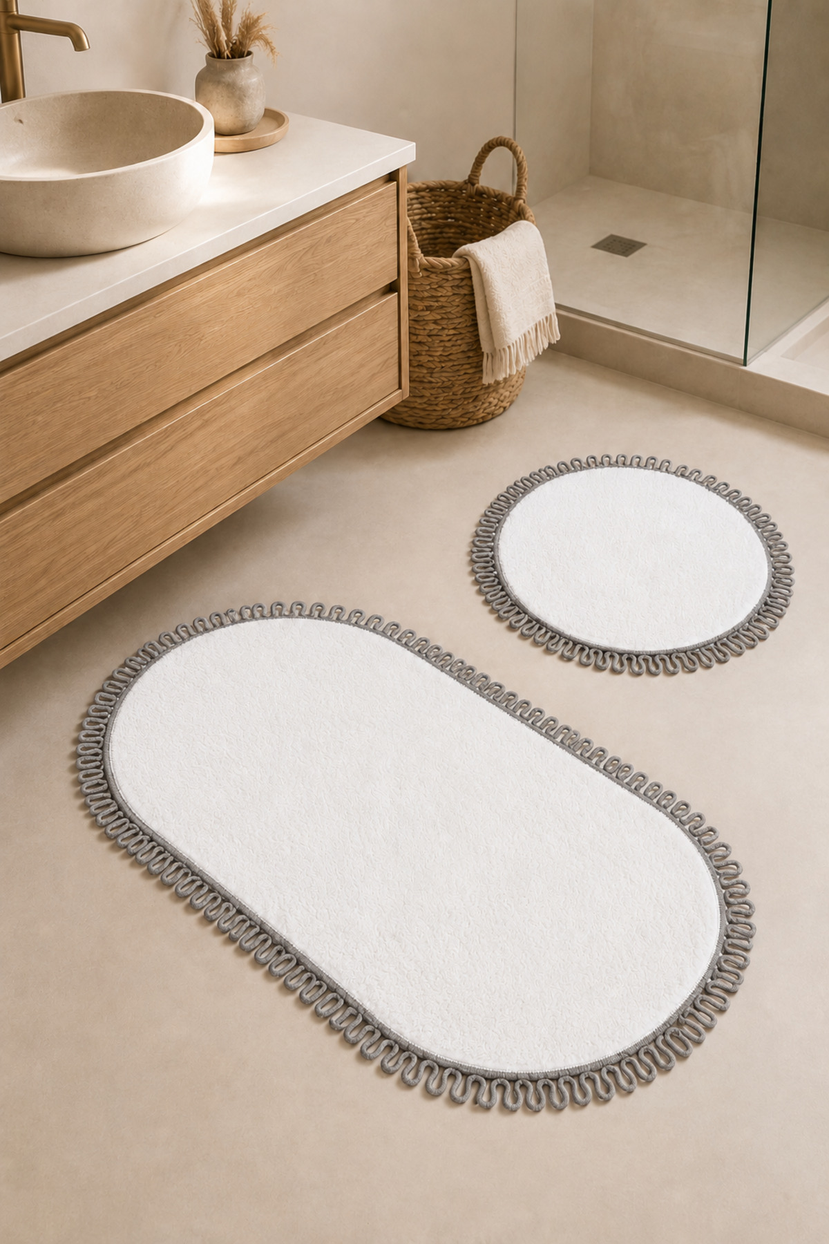 El Yapımı Bohem Banyo Paspası 2'li Peluş Kaymaz Jel Taban Yuvarlak 60x60 cm ve Oval 55x100 cm - Beyaz Gri