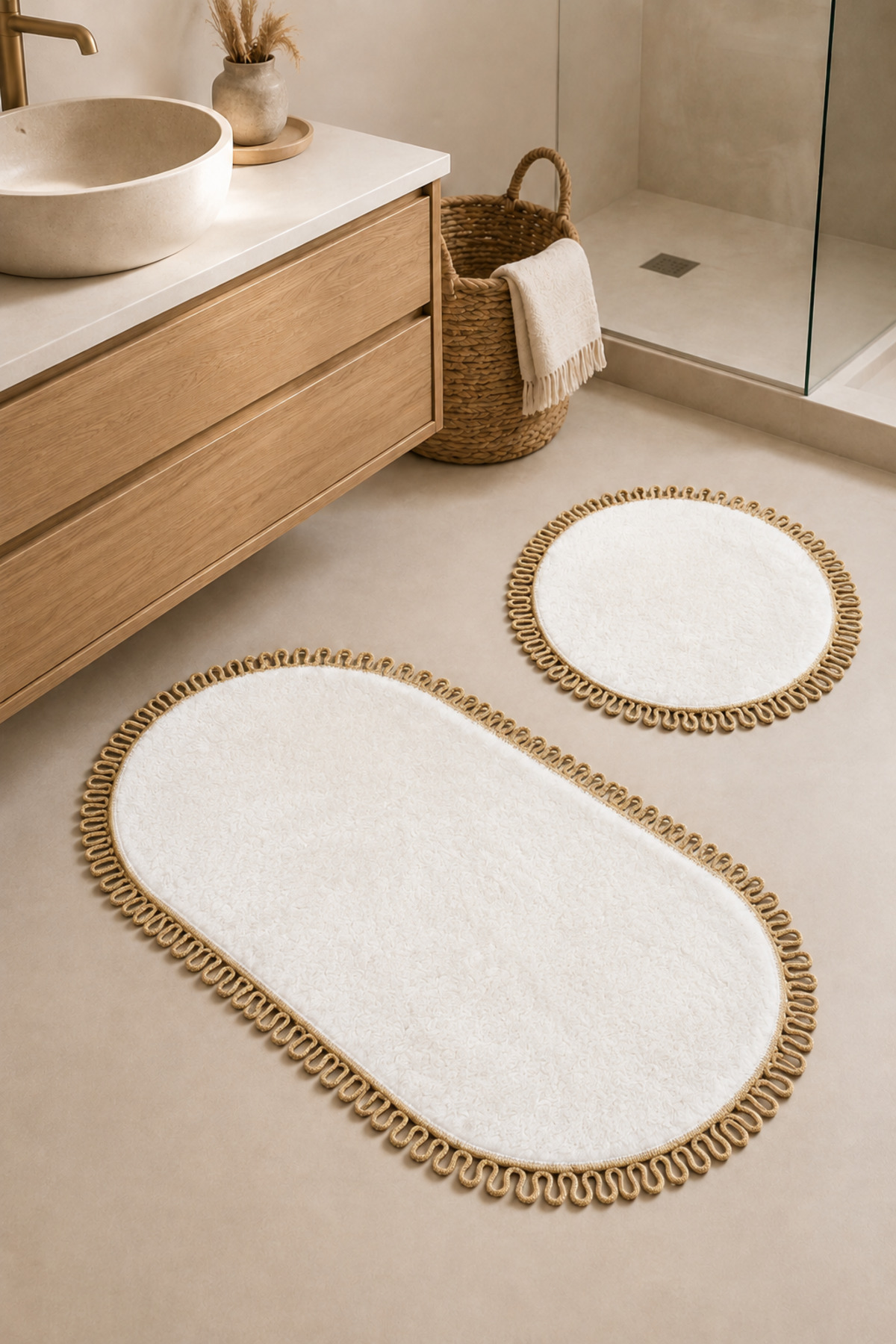 El Yapımı Bohem Banyo Paspası 2'li Peluş Kaymaz Jel Taban Yuvarlak 60x60 cm ve Oval 55x100 cm - Beyaz Jüt Hasır