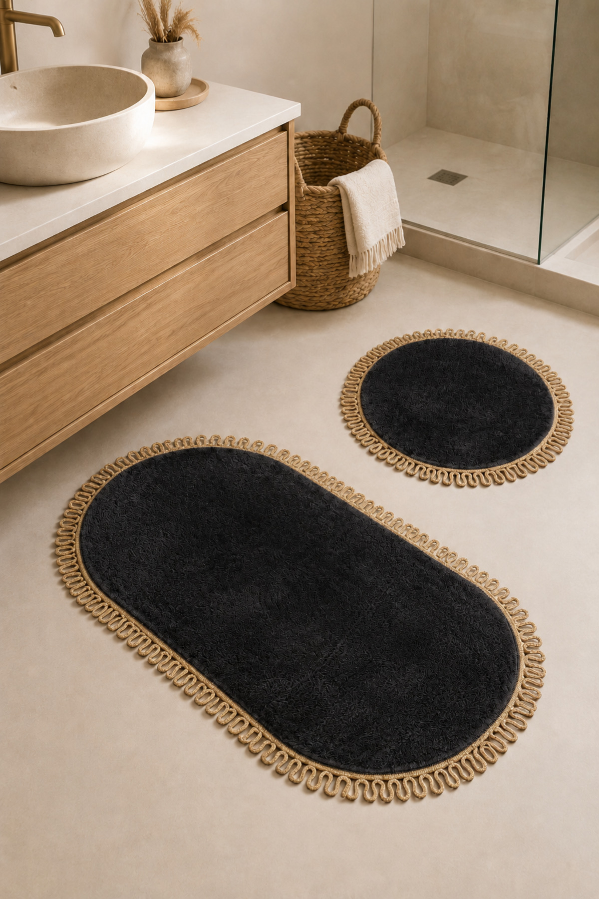 El Yapımı Bohem Banyo Paspası 2'li Peluş Kaymaz Jel Taban Yuvarlak 60x60 cm ve Oval 55x100 cm - Siyah Jüt Hasır