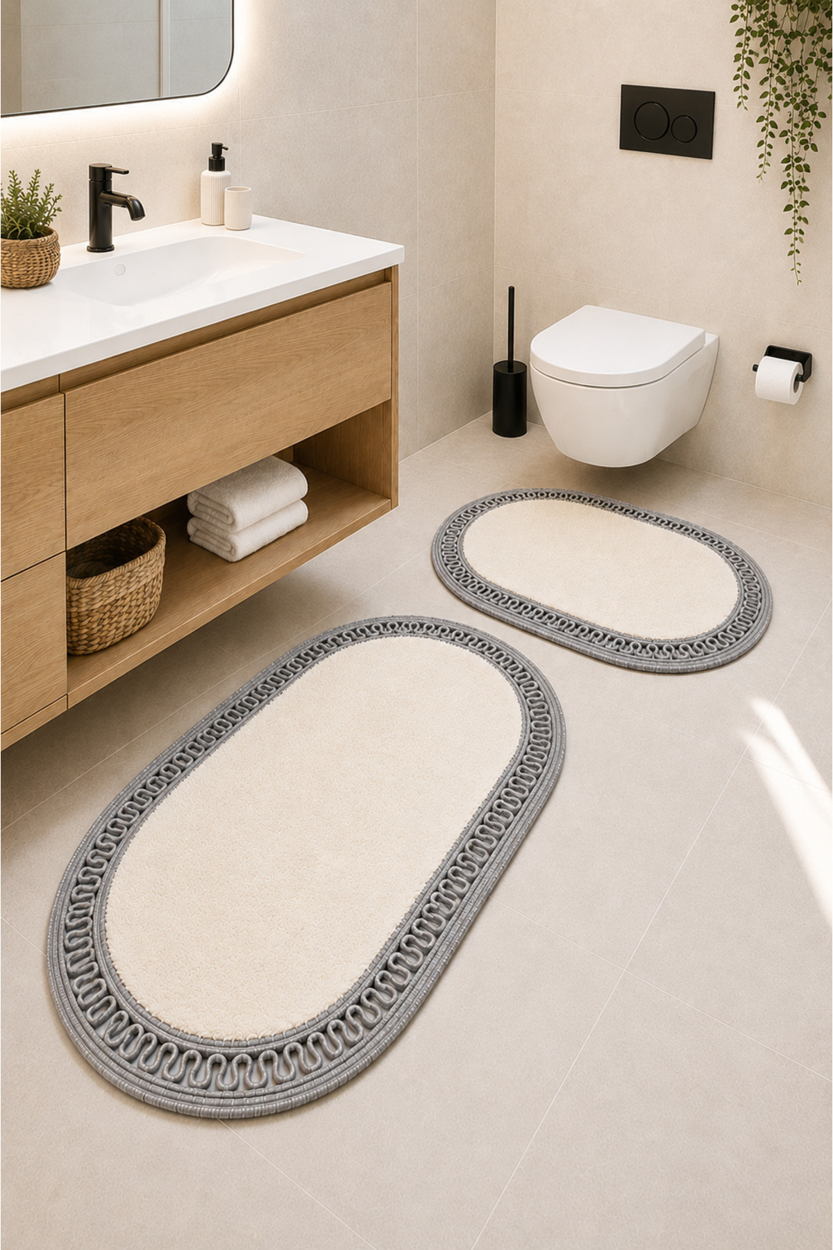 El Yapımı Bohem Banyo Paspası 2'li Pelüş Kaymaz Jel Taban 40x60 cm ve 60x100 cm - Gri Beyaz