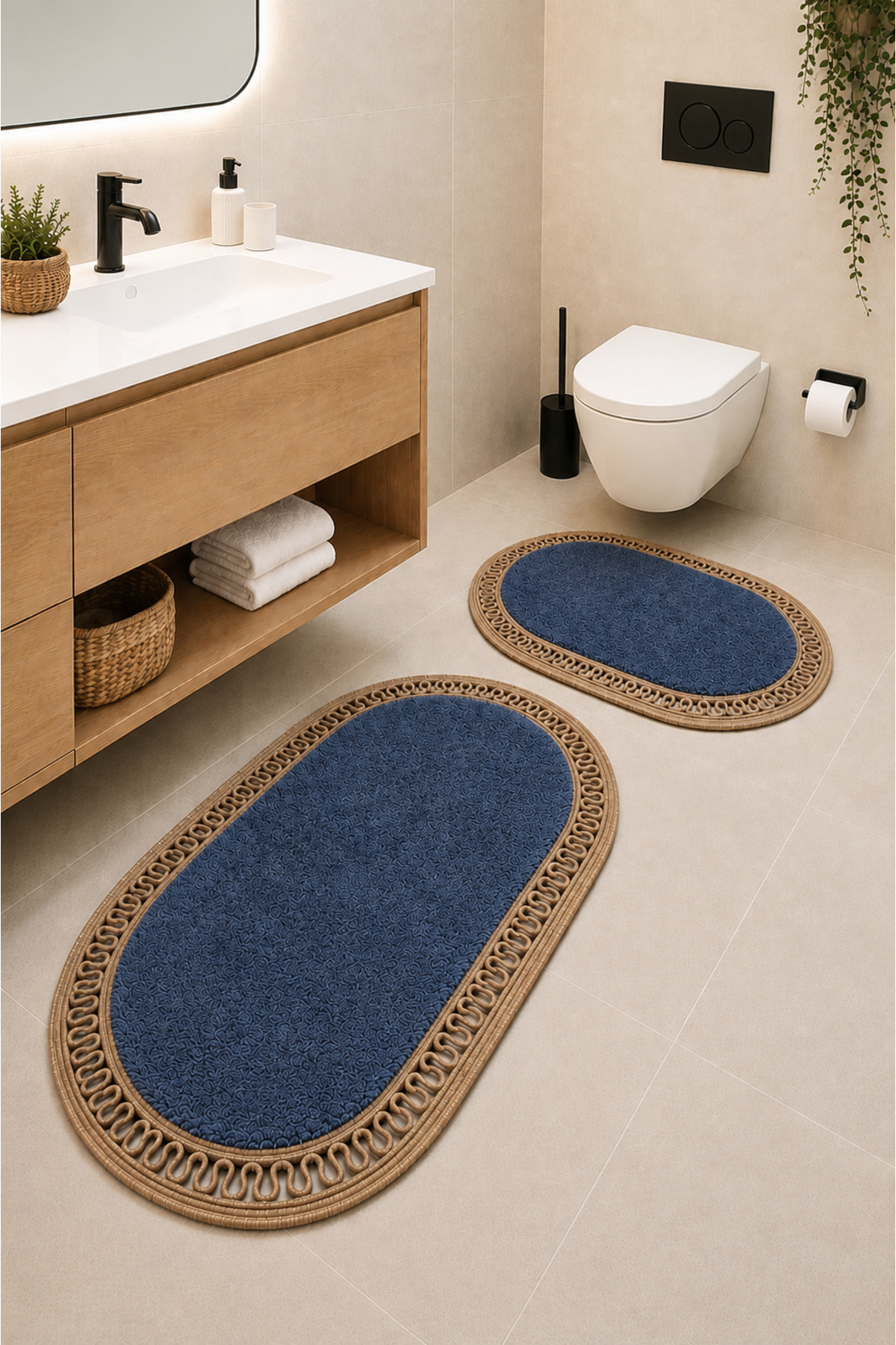 El Yapımı Bohem Banyo Paspası 2'li Pelüş Kaymaz Jel Taban 40x60 cm ve 60x100 cm - Mavi