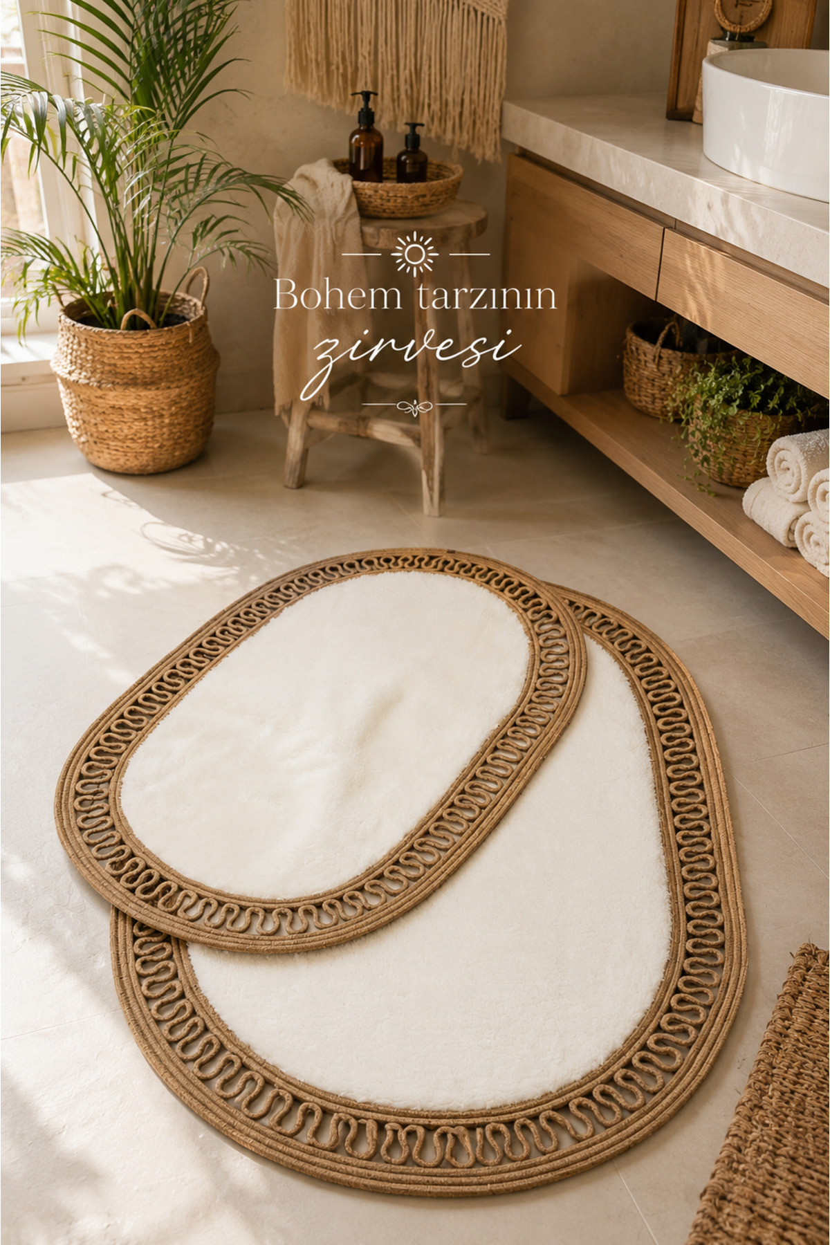 El Yapımı Bohem Banyo Paspası 2'li Peluş Kaymaz Jel Taban 40x60 cm ve 60x100 cm - Beyaz