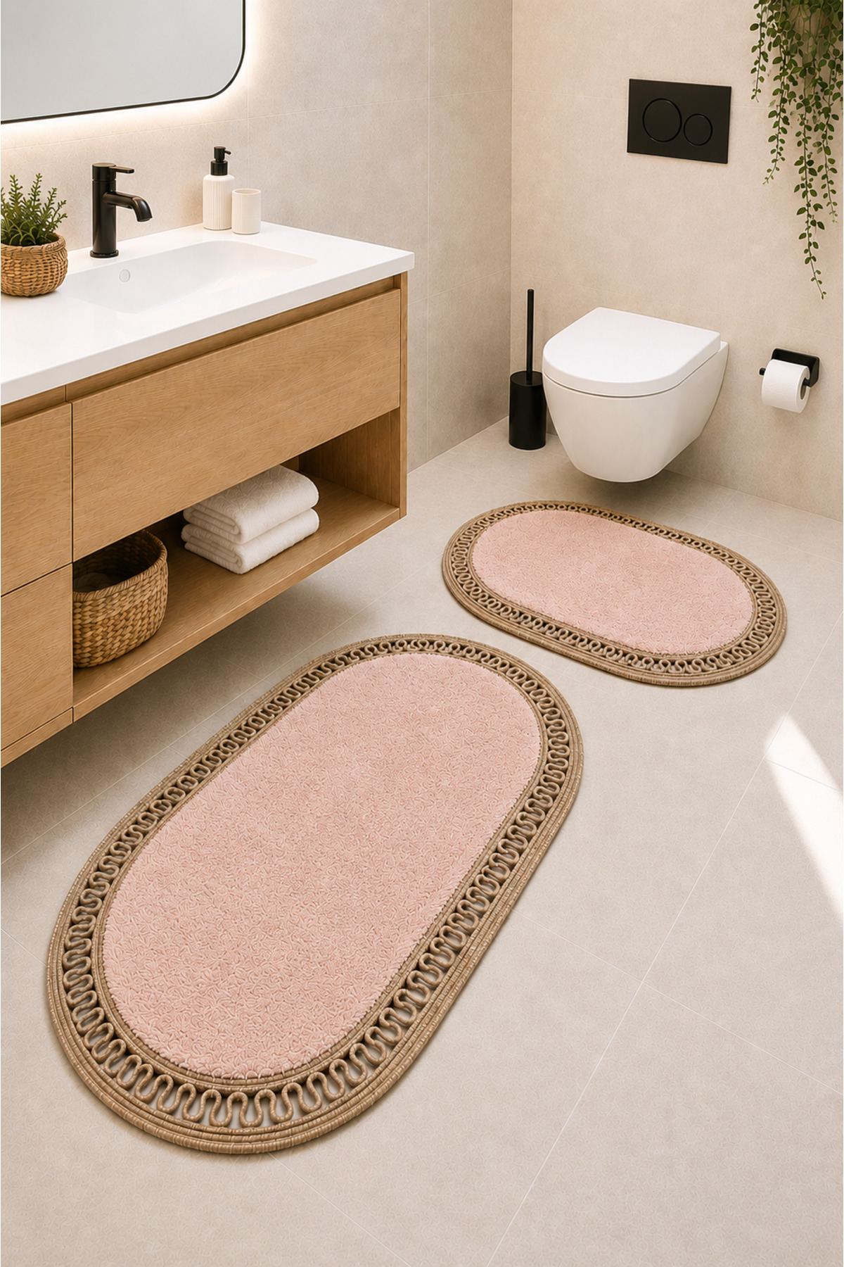 El Yapımı Bohem Banyo Paspası 2'li Pelüş Kaymaz Jel Taban 40x60 cm ve 60x100 cm - Pembe
