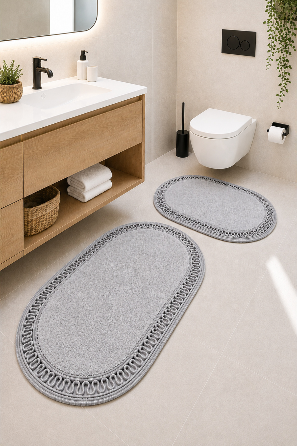 El Yapımı Bohem Banyo Paspası 2'li Pelüş Kaymaz Jel Taban 40x60 cm ve 60x100 cm - Gri