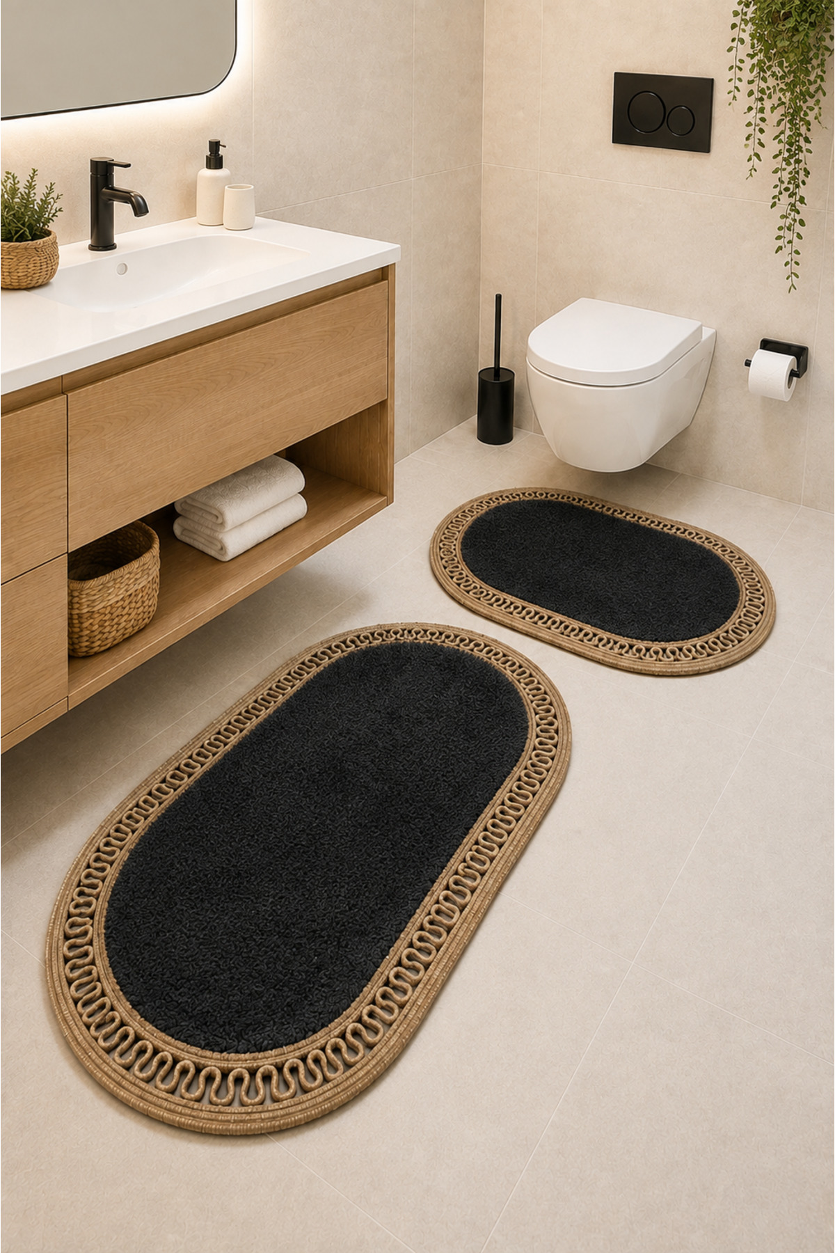 El Yapımı Bohem Banyo Paspası 2'li Pelüş Kaymaz Jel Taban 40x60 cm ve 60x100 cm - Siyah