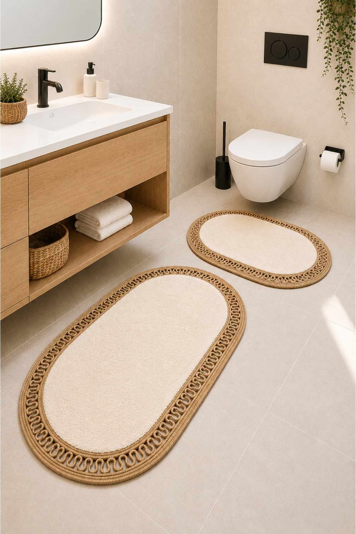 El Yapımı Bohem Banyo Paspası 2'li Pelüş Kaymaz Jel Taban 40x60 cm ve 60x100 cm - Krem