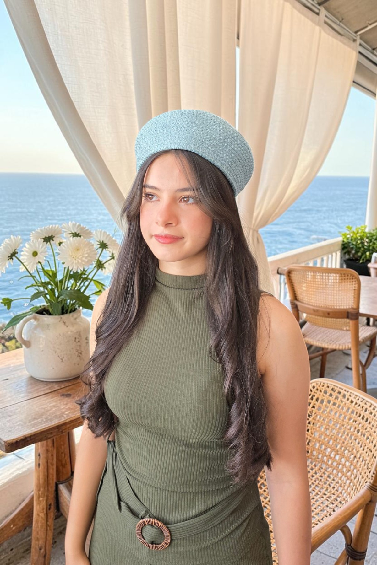 El Yapımı Jüt Hasır Görünümlü Fransız Beresi Kadın Şapka Bere – Dört Mevsim Şık Tasarım Yeni Moda Şapka - Mavi