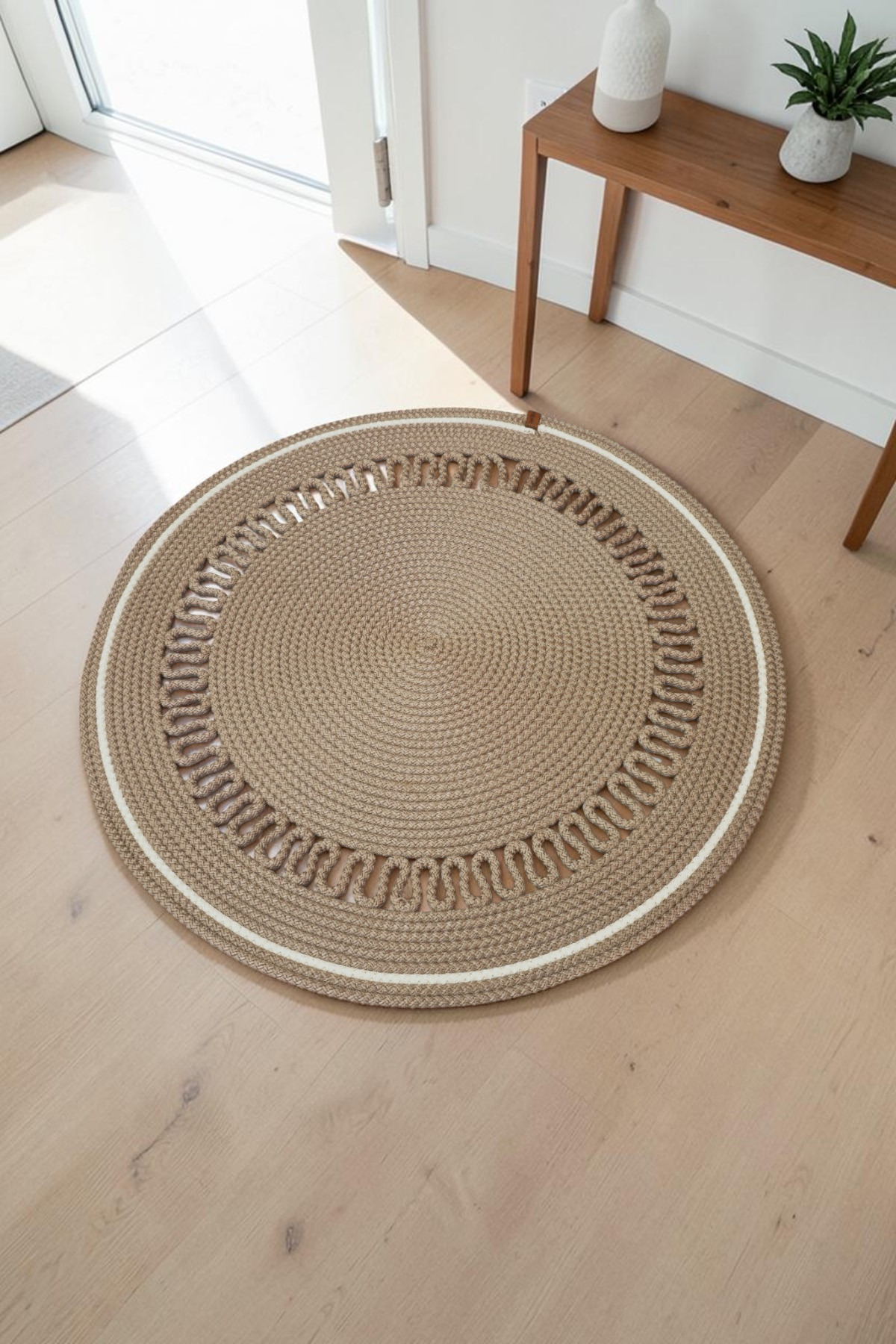 Jüt Hasır Model Dekoratif Desenli El Yapımı Yuvarlak Kilim Paspas - Vizon