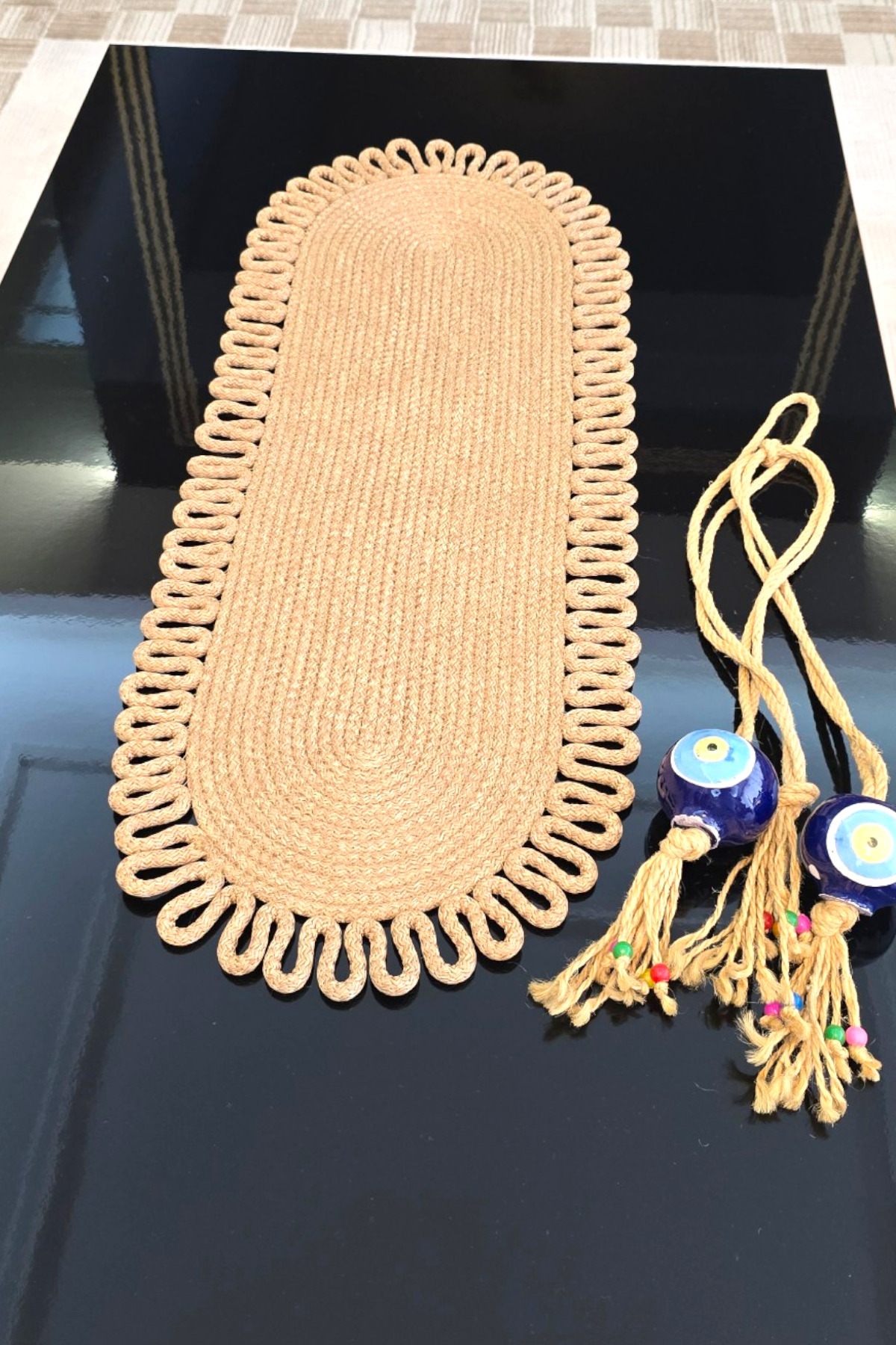 Hasır Jüt Renk 35x100 cm Dekoratif Runner Şık Masa Orta Sehpa Üstü Dekoratif Sofra Aksesuarı - Bej