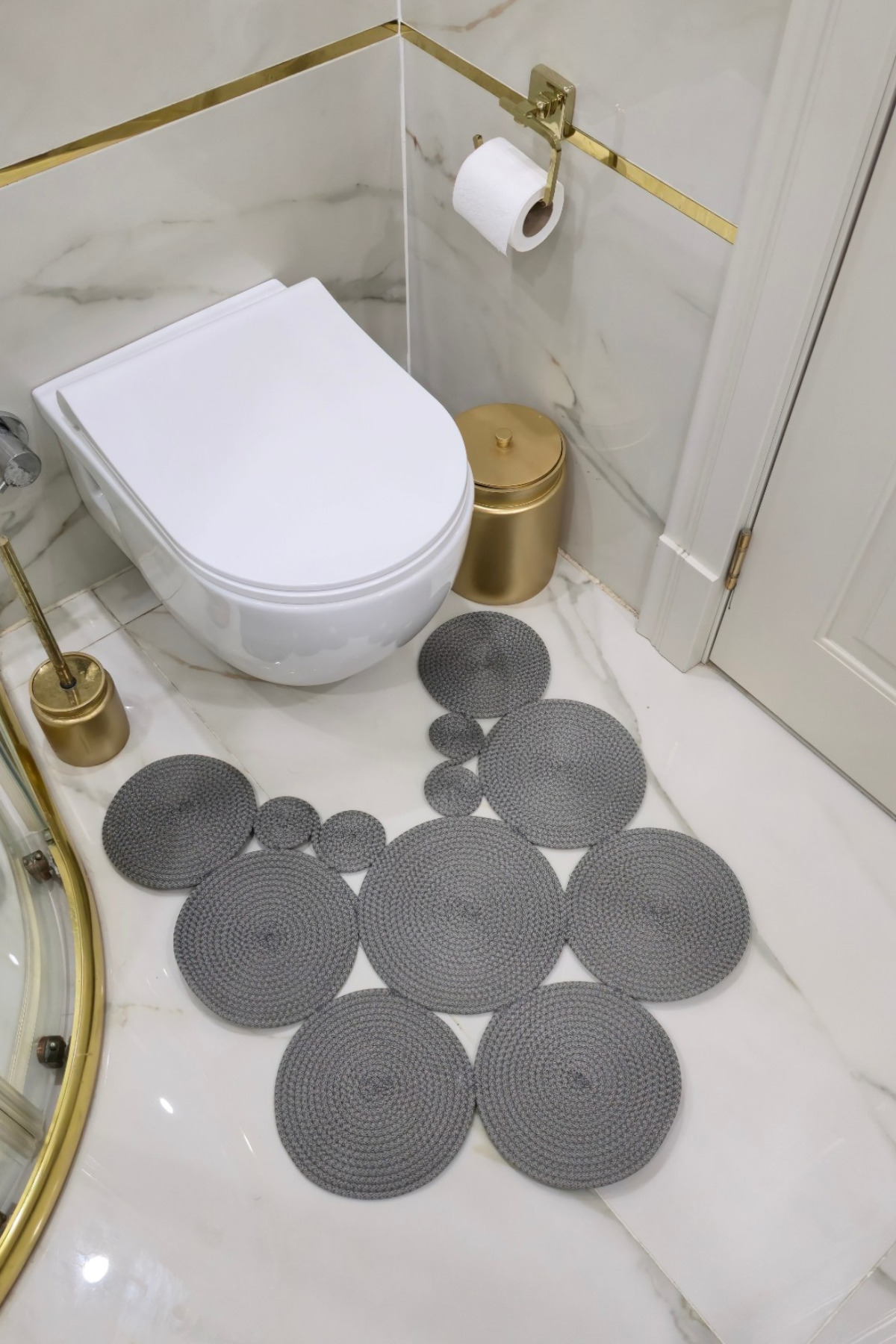 El Yapımı Bohem Jüt, Hasır, Paspas, Banyo Paspası, Klozet Önü Paspası, Klozet Paspas, Çift Taraflı - Gri