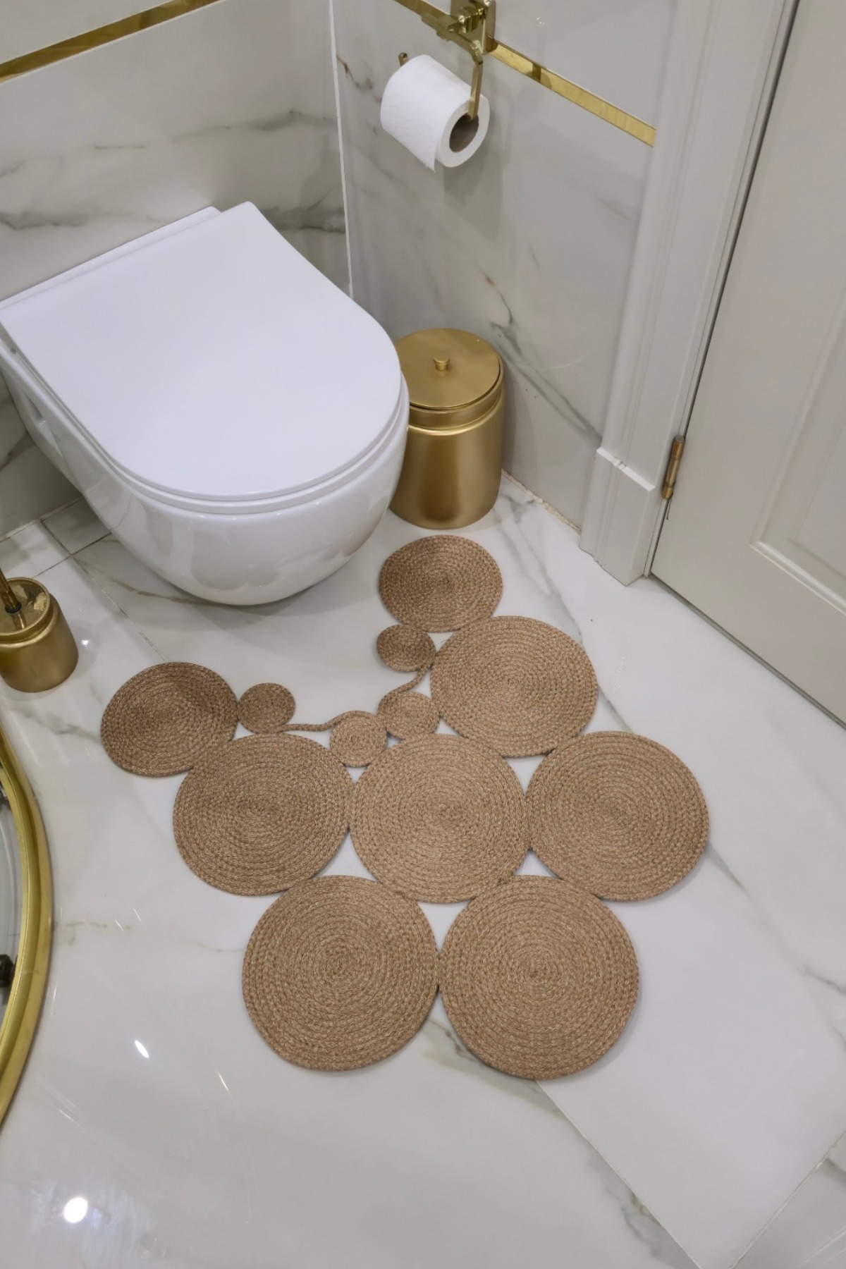 El Yapımı Bohem Jüt, Hasır, Paspas, Banyo Paspası, Klozet Önü Paspası, Klozet Paspas, Çift Taraflı - Bej