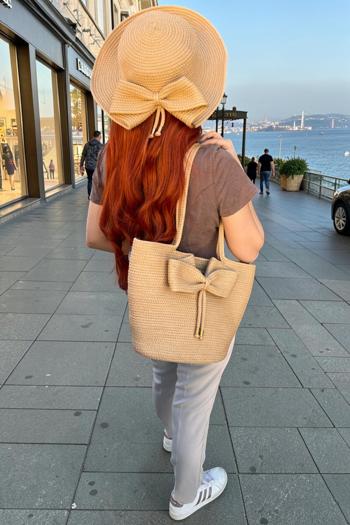 Kurdeleli Plaj Havuz Çanta Ve Şapka Seti Çok Amaçlı Yıkanabilir Dekoratif Çanta Ve Şapka - Hasır Jüt