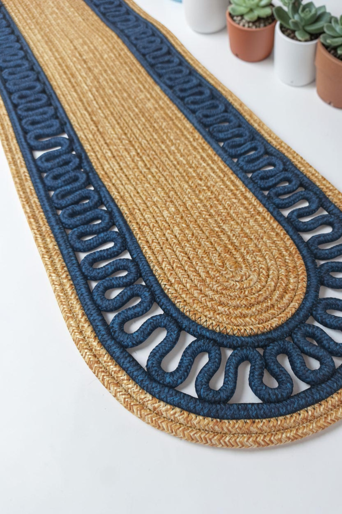Bej Mavi Dekoratif Örgülü 35x100 cm Runner Şık Masa Orta Sehpa Üstü Dekoratif Sofra Aksesuarı - Bej-Mavi