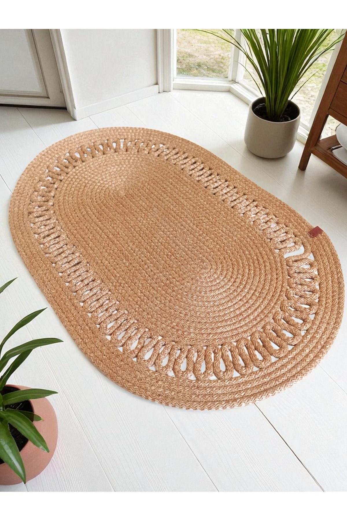 Oval Dekoratif Kilim Paspas Kolay Temizlik, Dayanıklı Robot Süpürgeye Uygun - Bej