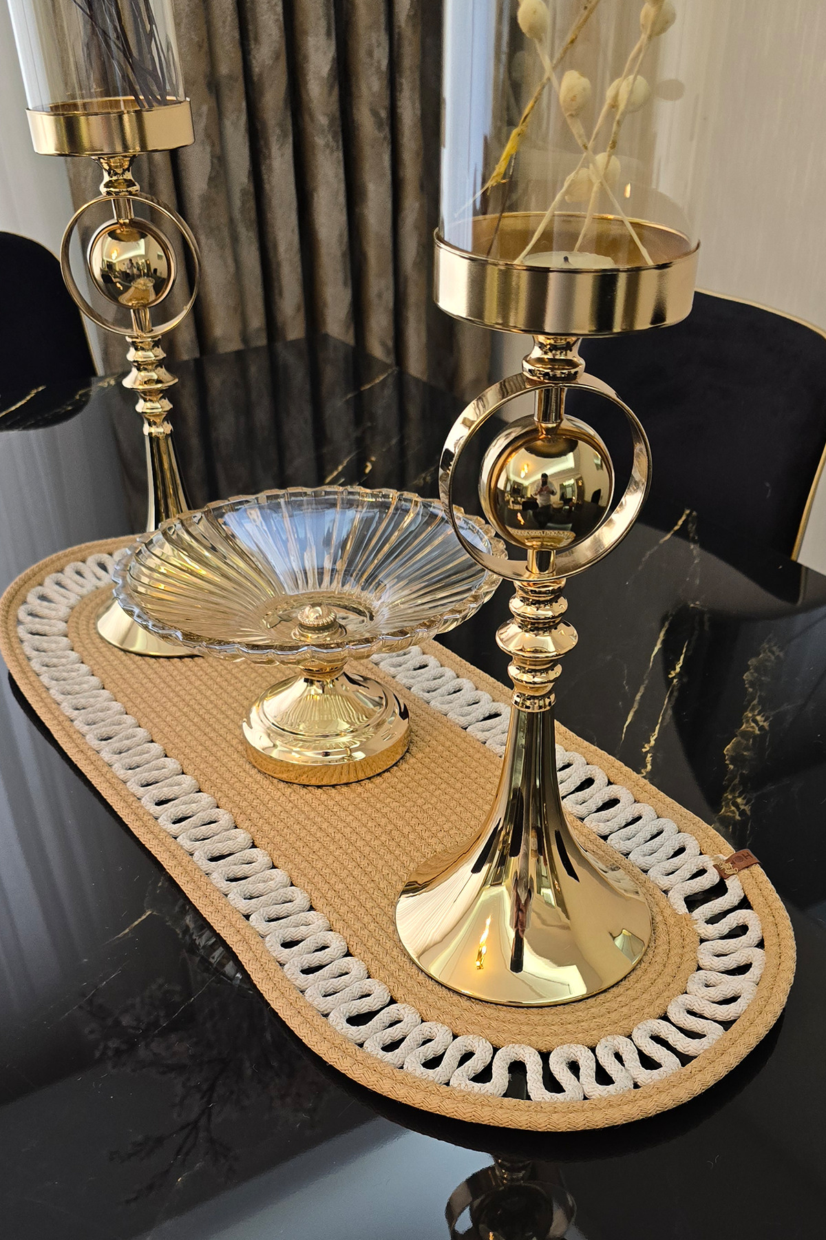 Dekoratif Örgülü 35x100 cm Runner Şık Masa Orta Sehpa Üstü Dekoratif Sofra Aksesuarı - Bej-Krem