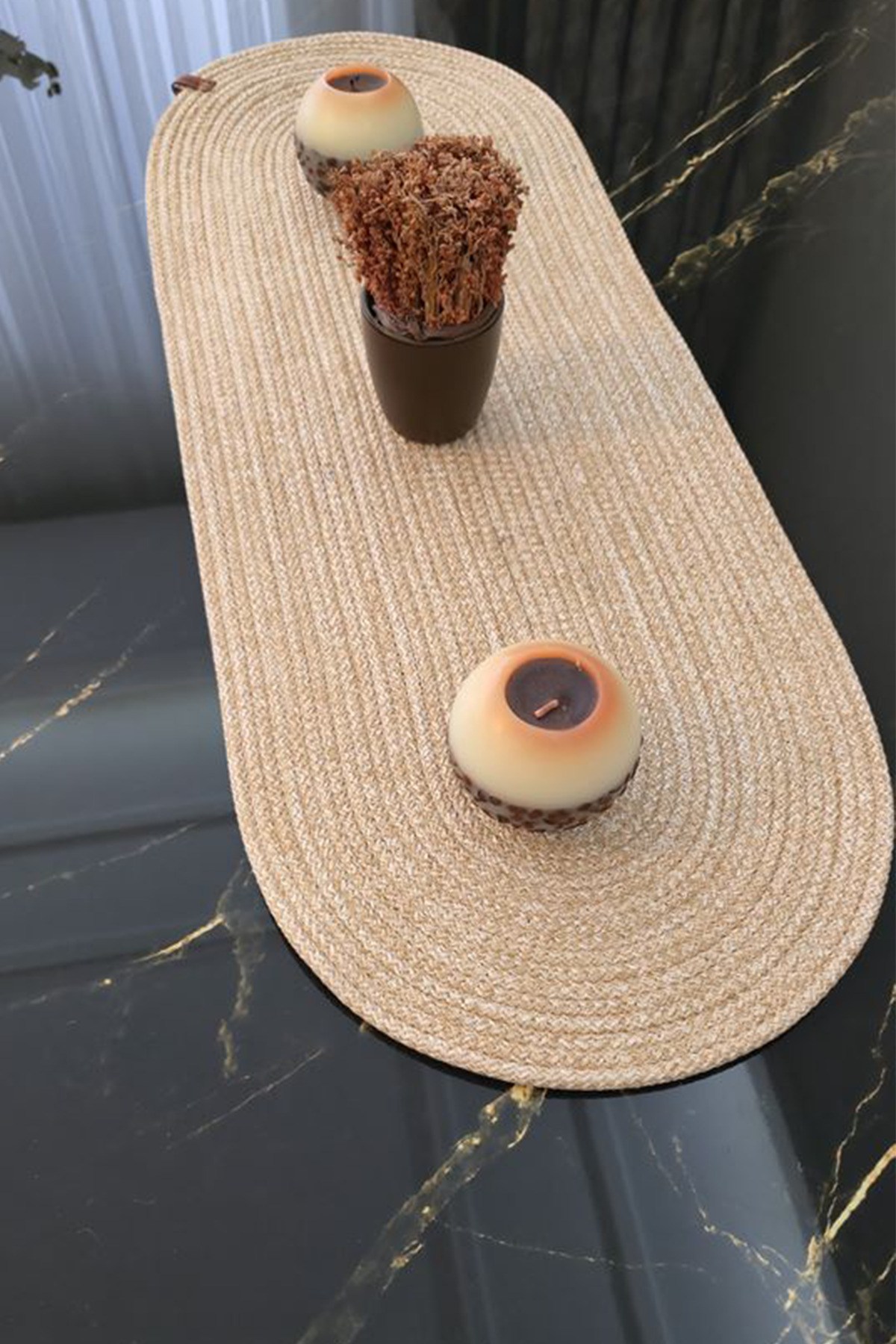 Bej Renk 35x100 cm Runner Şık Masa Orta Sehpa Üstü Dekoratif Sofra Aksesuarı