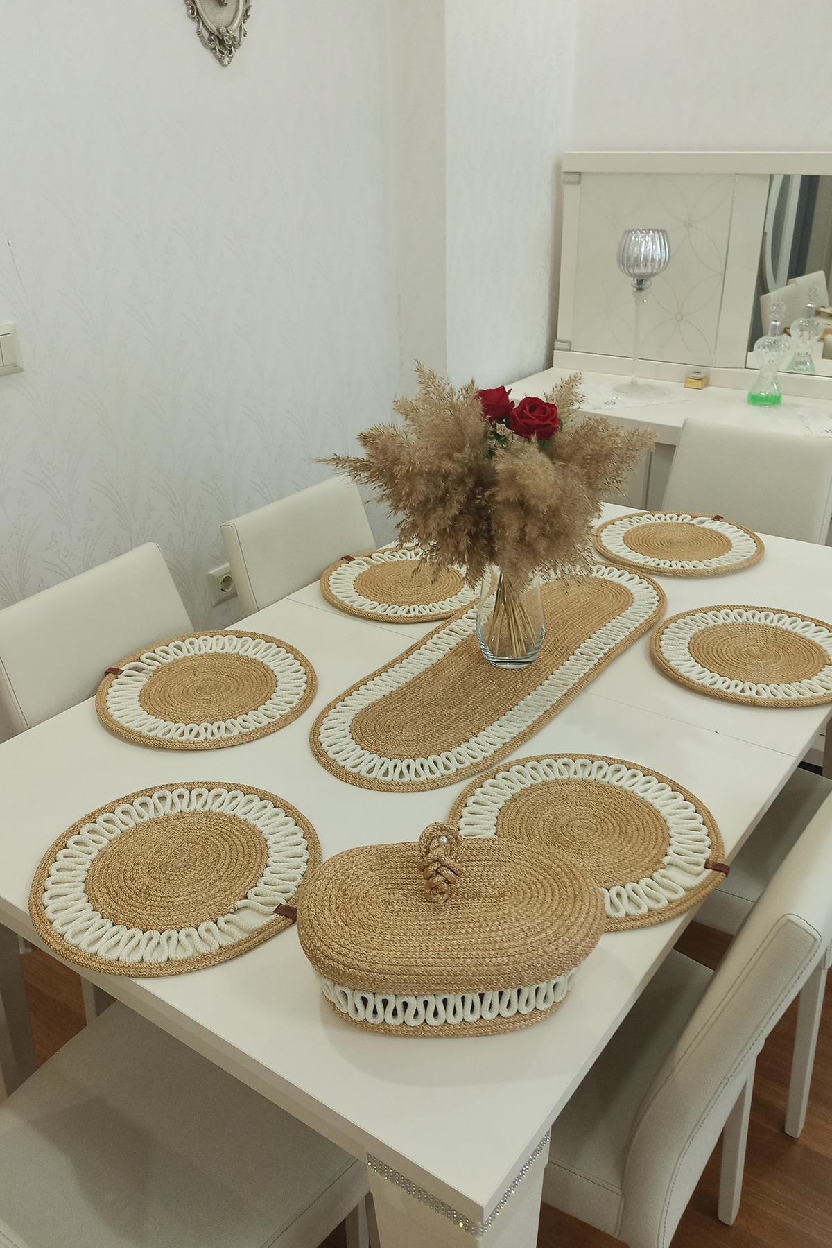 Kaan Home 6’lı Supla 1 Runner 1 Kapaklı Örgü Ekmek Sepeti Seti Bej Krem Desenli Sunumluk