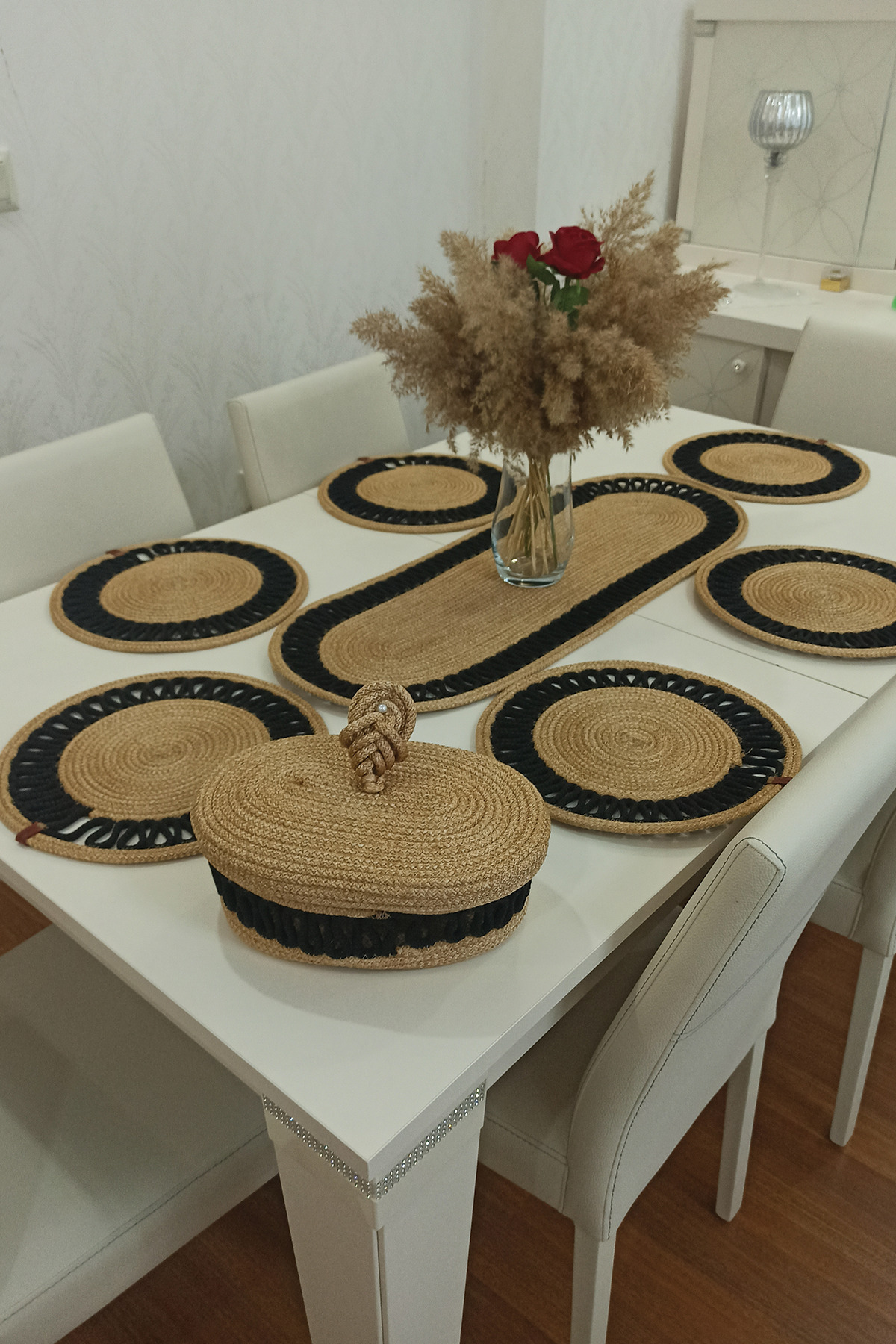 Kaan Home 6’lı Supla 1 Runner 1 Kapaklı Örgü Ekmek Sepeti Seti Bej Krem Desenli Sunumluk - Siyah