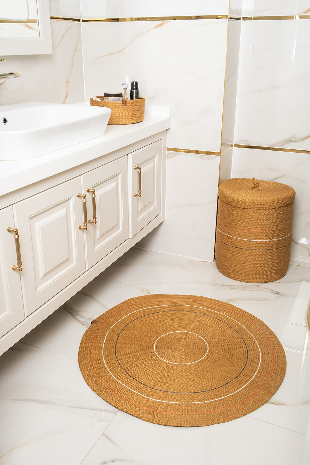 Kaan Home 3'lü Takım Banyo Paspası , Kirli Çamaşır Sepeti , Banyo Sepeti Banyo Takımı - Bej