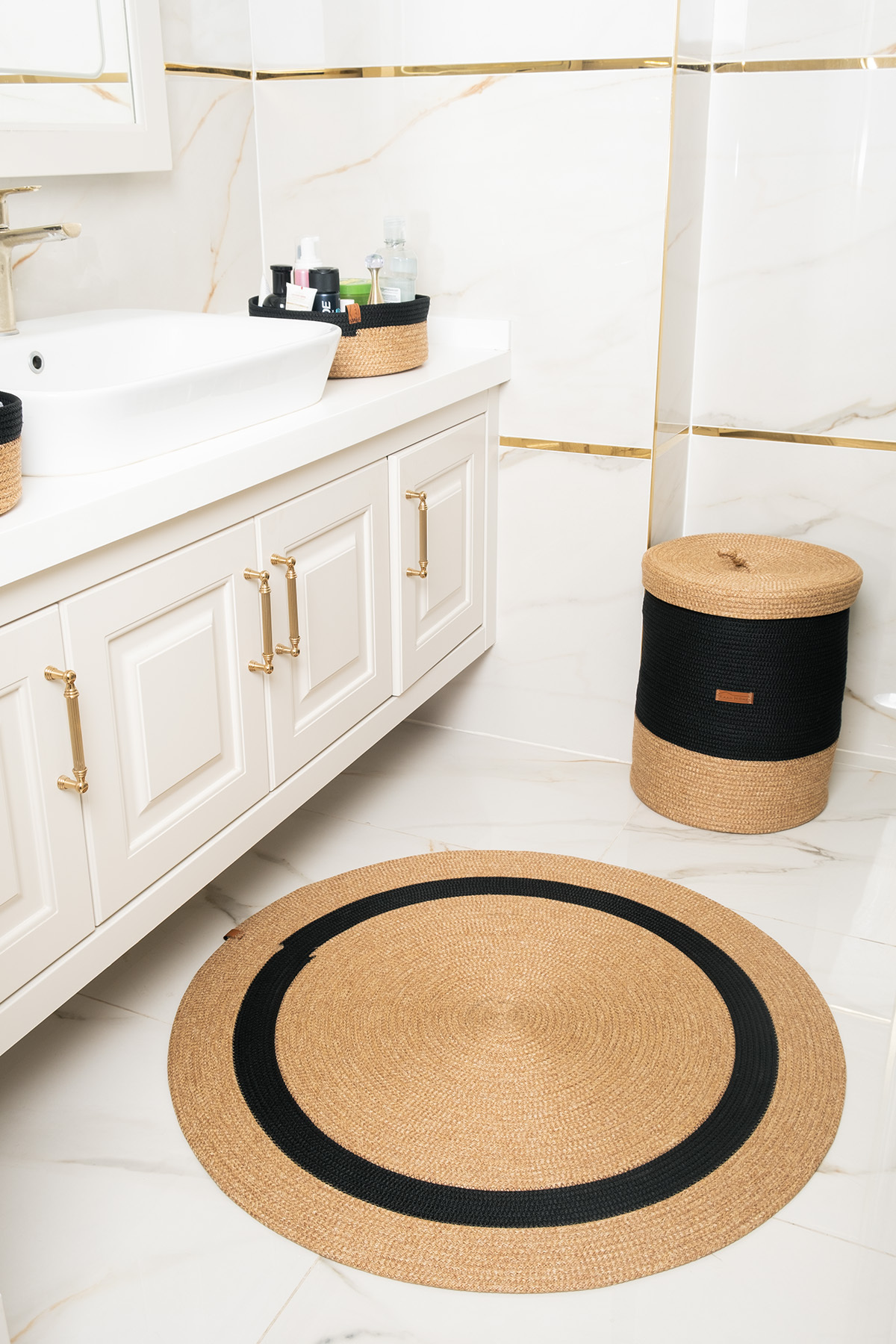 Kaan Home 3'lü Takım Banyo Paspası , Kirli Çamaşır Sepeti , Banyo Sepeti Banyo Takımı - Siyah