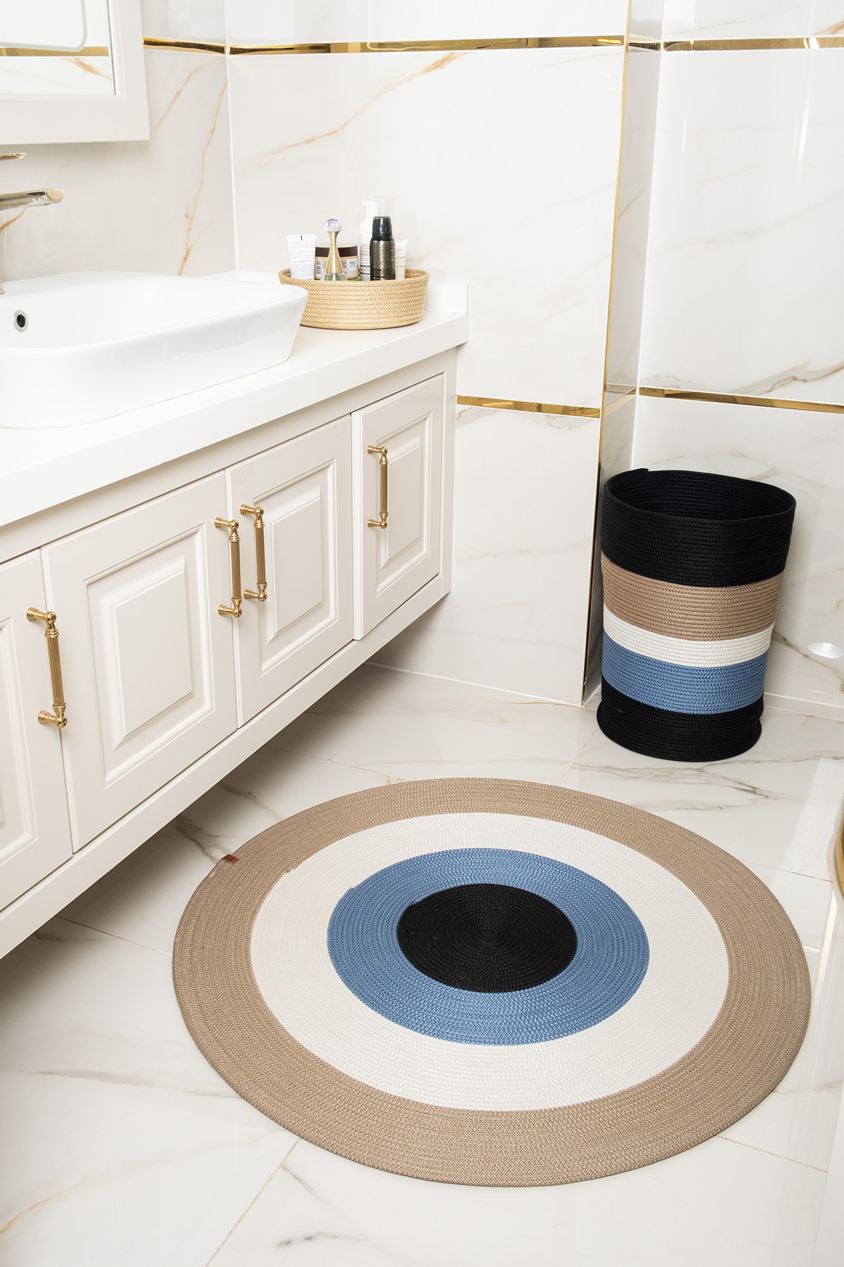 Kaan Home 3'lü Takım Banyo Paspası , Kirli Çamaşır Sepeti , Banyo Sepeti Banyo Takımı - Bej